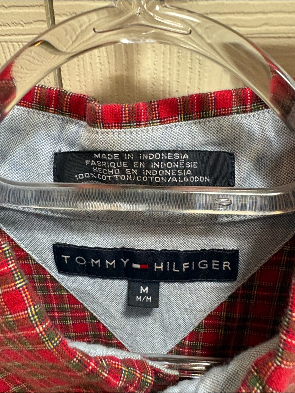Tommy Hilfiger Men's Red Plaid Button-Down Shirt with Green Accent - Picture 3 of 4